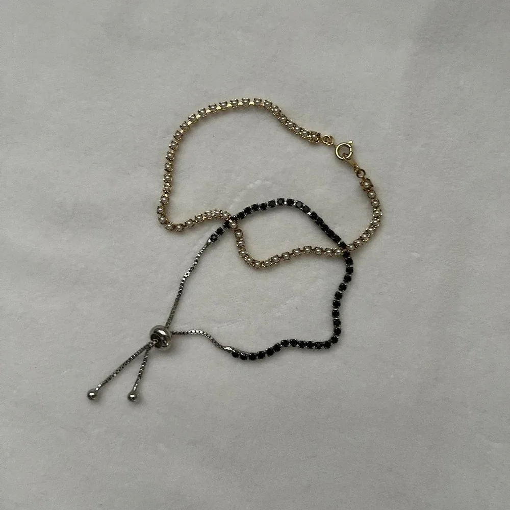 Black Pearl Tennis Lot 2 Bracelet Set Black Silver Gold Tone Faux Pearl Delicate
